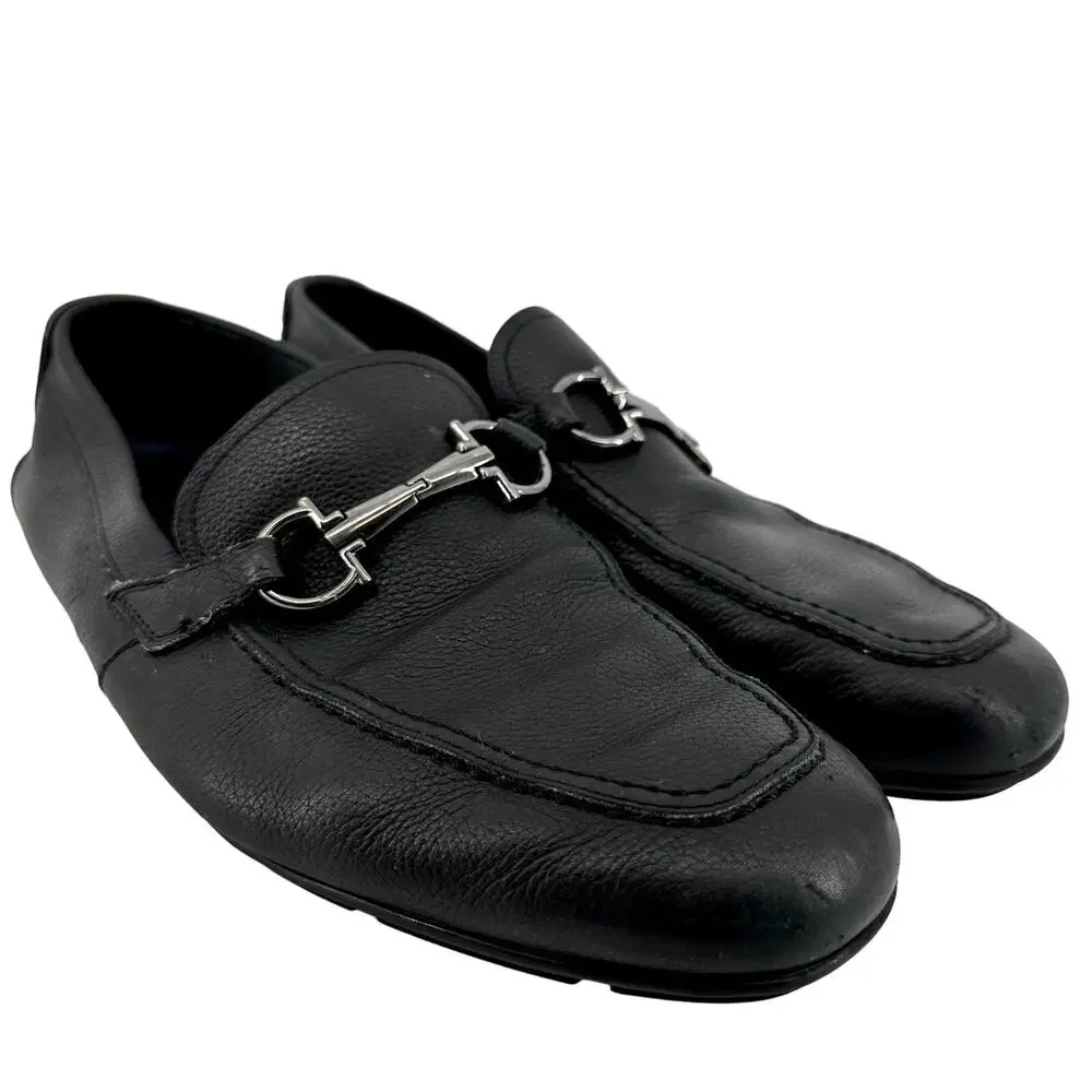 Salvatore Ferragamo Gancini Driving Loafers Pebbled Leather Slip On Black 6.5EE